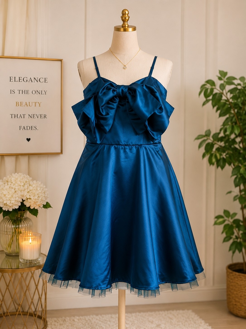 NWT Blue Satin Bow Mini Dress Spaghetti Strap Party Dress Homecoming • Cocktail